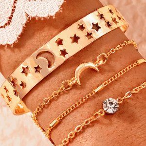 5/25$🆕 4PC/Set Moon Stars Celestial Jewelry Cuff Charm Bracelets Bangles